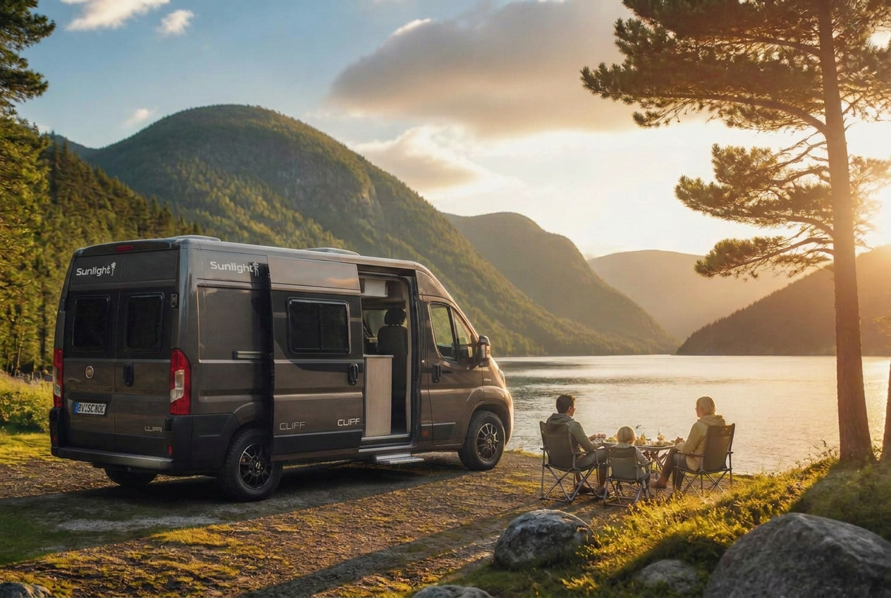 A Sunlight Cliff Adventure 601 motorhome moving slowly through a Swedish landscape at dawn