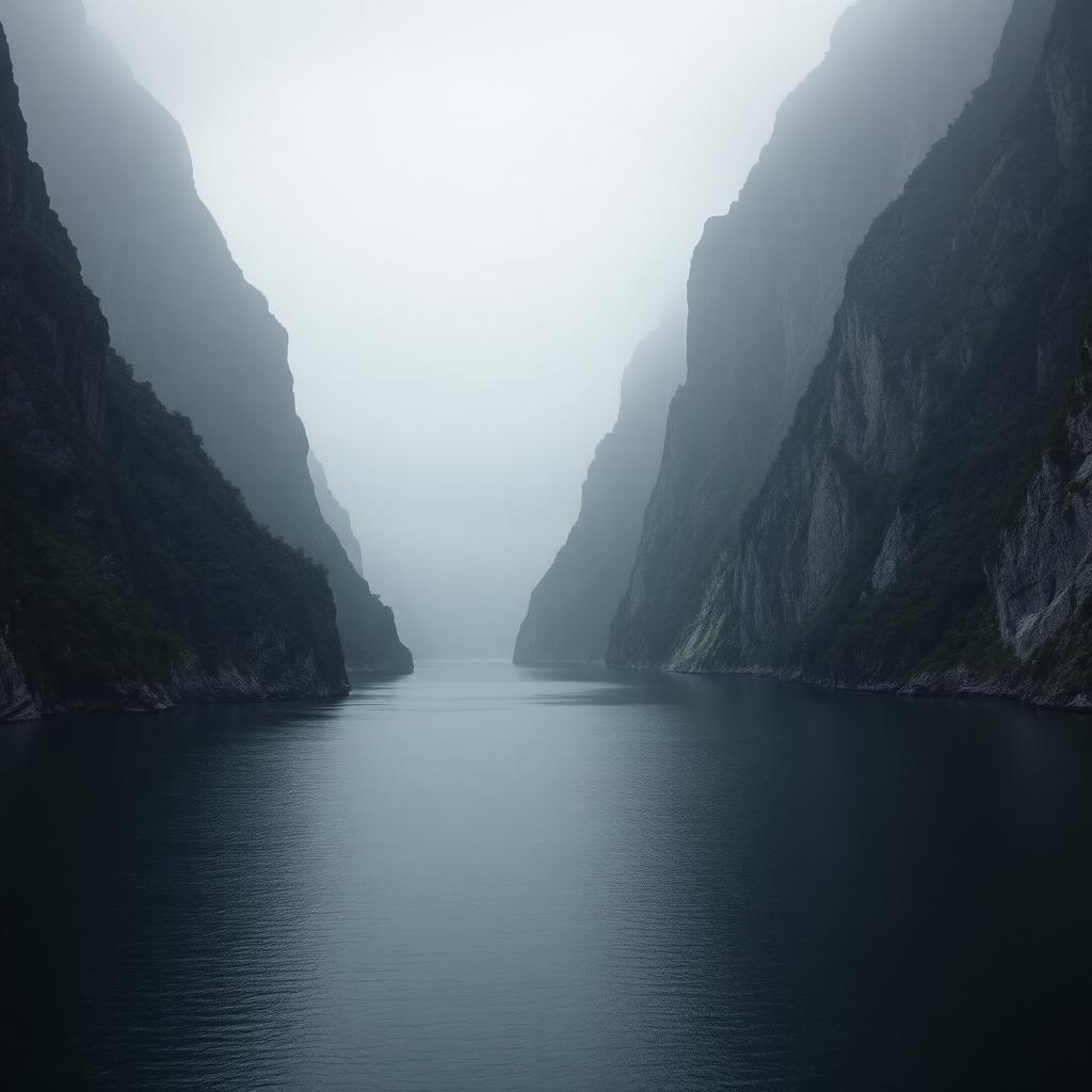 A deep Norwegian fjord shrouded in soft mist